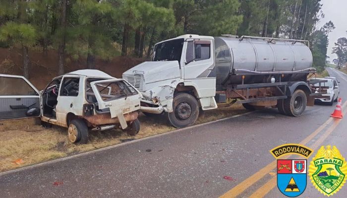Laranjeiras - Colisão entre Fiat Uno e caminhão deixa mulher ferida na PR-565